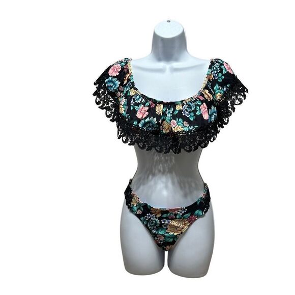 Time and Tru Black Yellow Floral Lace Bikini Size M - Picture 1 of 9